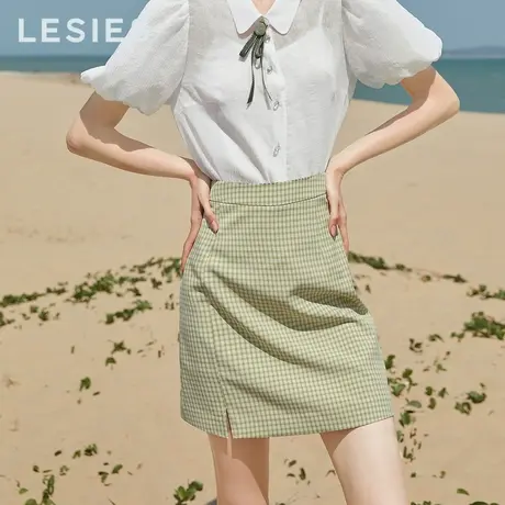 LESIES蓝色倾情夏装新短裙复古格子中腰小A百搭半身裙淑女一步裙图片