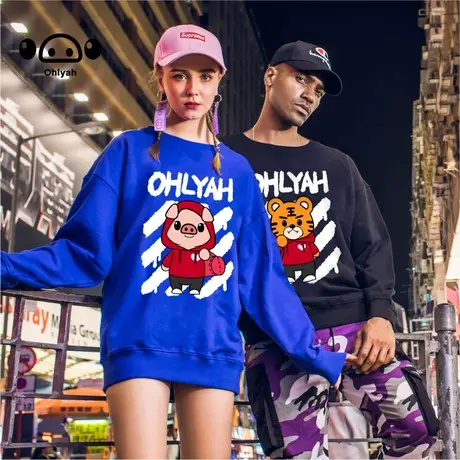 国潮卡通老虎小猪印花秋季新款卫衣女潮牌宽松嘻哈套头大码连帽衫商品大图