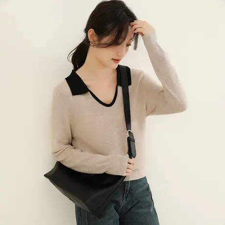 韩潮袭人韩版通勤修身针织衫女2023秋新季款休闲POLO领显瘦上衣商品大图