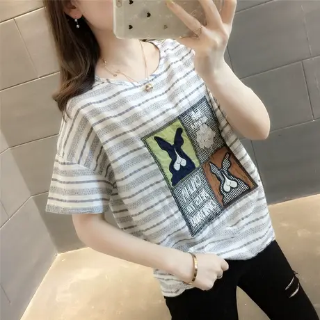 2023夏季新款韩版时尚丅恤女短袖宽松显瘦百搭条纹上衣韩版圆领潮图片