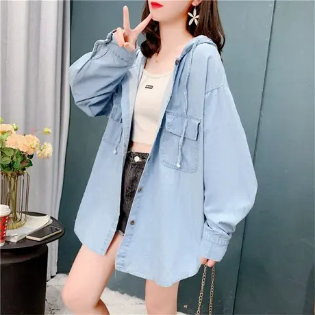 设计感中长款连帽牛仔衬衫女2022新款春季慵懒风宽松百搭外套上衣商品大图