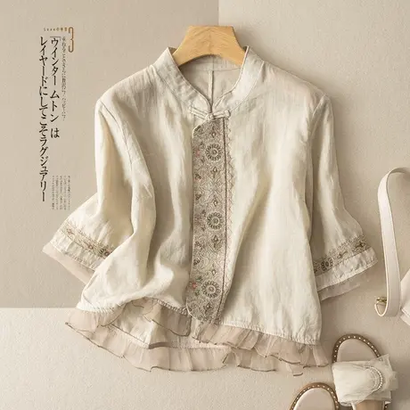 享永子五分袖苎麻衬衫女文艺复古国风刺绣拼接蕾丝棉麻上衣新款夏图片