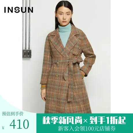 【奥莱专享】恩裳冬季时尚千鸟格纹双排扣束腰毛呢外套女中长款商品大图