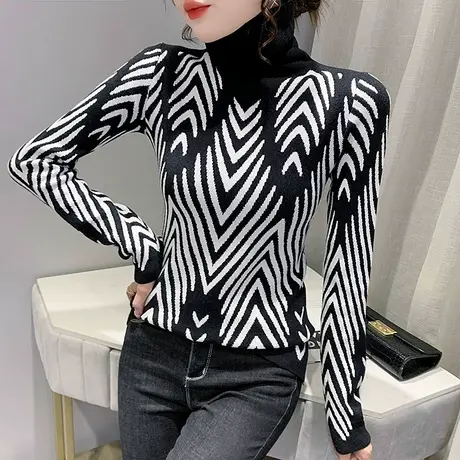 高领毛衣女套头秋冬新款时尚斑马纹针织衫女长袖紧身内搭打底上衣图片