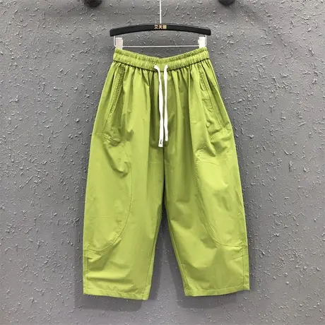 2023新款草绿色大码宽松显瘦老爹裤女夏休闲潮松紧高腰九分哈伦裤图片