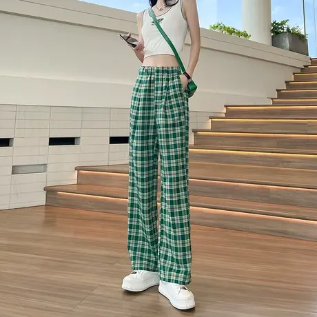 绿色格子阔腿裤女春季2023薄款高腰垂感直筒宽松显瘦休闲直筒长裤图片