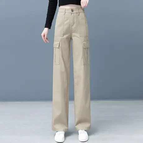 卡其色美式工装裤女2023秋季新款高腰显瘦直筒裤宽松直筒阔腿裤图片