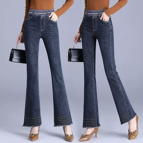 当季流行牛仔微喇裤女新款毛边弹力刺绣鱼尾裤时尚百搭潮流马蹄裤商品大图