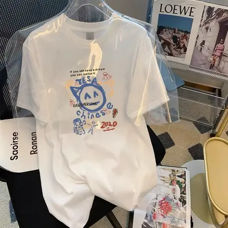 夏季白色上衣原创正肩短袖t恤女中长款宽松设计感小众清纯甜美商品大图