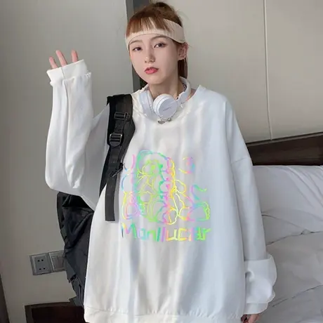 小熊卫衣女2020春秋薄款宽松韩版潮ins原宿bf慵懒风盐系上衣外套图片