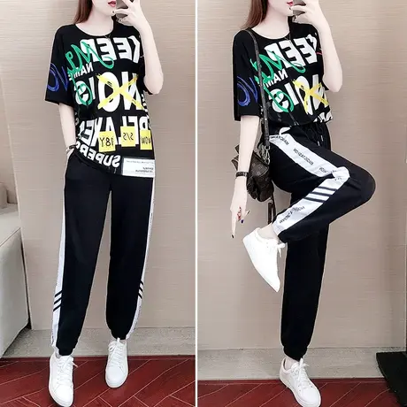 春夏季休闲运动套装女2023新款韩版学生时尚宽松大码运动服两件套图片