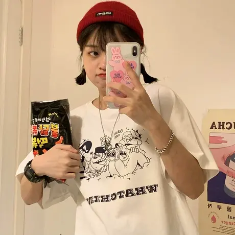原创卡通港风ins新款2023夏季日系纯棉圆领短袖T恤女宽松上衣可爱商品大图