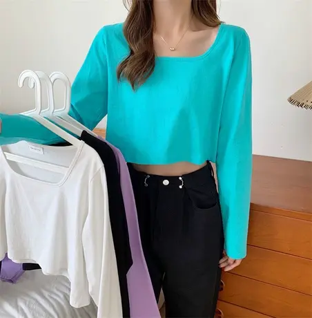 ins超火港风短款T恤女秋冬韩版高腰露脐长袖上衣潮bf风宽松上衣服商品大图