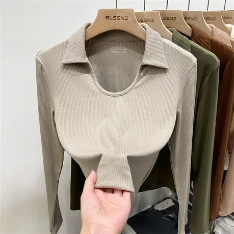 欧货螺纹女士t恤长袖秋设计感小众修身显瘦正肩短款锁骨方领上衣商品大图