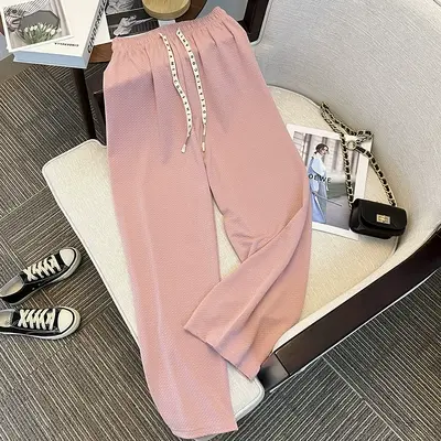 抽绳阔腿裤子女春夏2023年新款高腰宽松垂感蓝色直筒泡芙休闲长裤图片