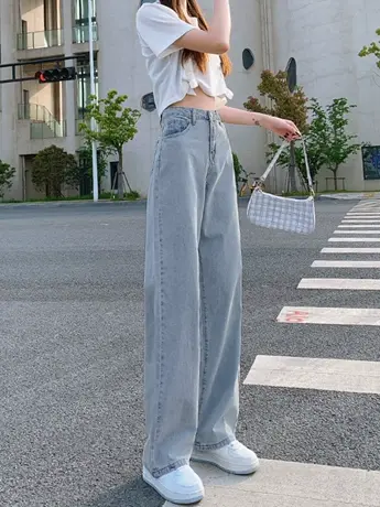 清仓浅色阔腿牛仔裤女2023春夏秋新款小个子高腰直筒拖地裤潮商品大图
