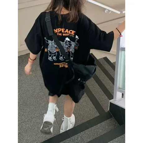 重磅纯棉复古美式黑色短袖T恤女春夏小众设计感半袖上衣宽松ins商品大图