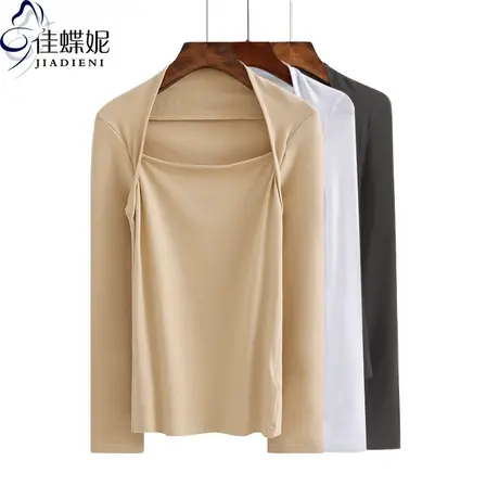 早春修身显瘦网红包肩领纯棉长袖体恤打底衫假两件内搭上衣T恤女商品大图