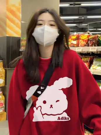 兔子本命年红色卫衣女秋冬加绒加厚圆领宽松小众设计oversize上衣商品大图