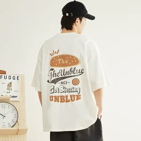 汉堡衣服绣标宽松白色T恤男潮流发泡印花潮牌纯棉短袖男夏季新款图片