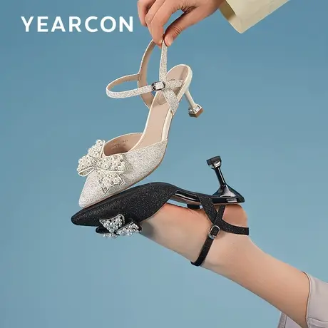 意尔康时装凉鞋女夏2023网红新款仙女风时尚蝴蝶结一字带细高跟鞋商品大图