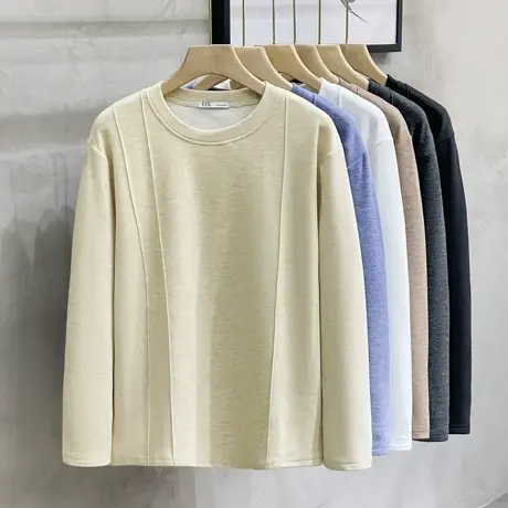 日系德绒圆领打底衫男秋冬款纯色加厚双面绒保暖内衣极简长袖t恤商品大图