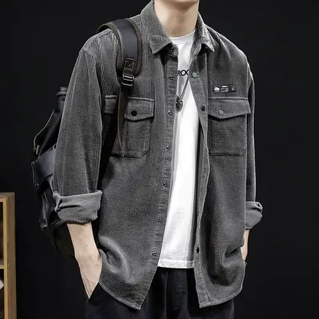 灯芯绒衬衫男春秋加肥加大衬衣休闲工装男士外套长袖上衣大码秋季商品大图