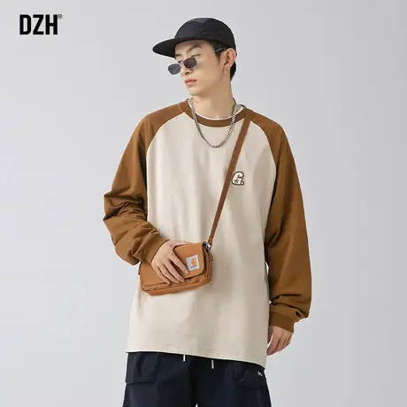 男士美式t恤男长袖春秋纯棉宽松男装2023年新款拼接上衣圆领潮牌商品大图