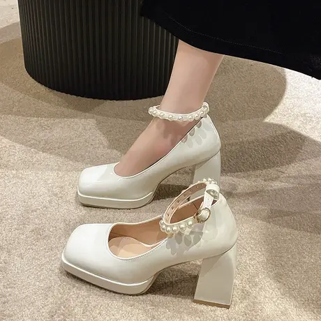 法式玛丽珍鞋女2023年春夏新款小众设计感粗跟方头珍珠防水台单鞋图片