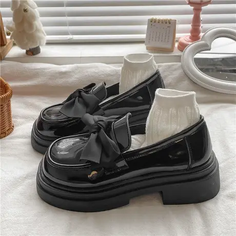 英伦风小皮鞋女春秋2023新款蝴蝶结厚底高跟一脚蹬日系jk玛丽珍鞋商品大图
