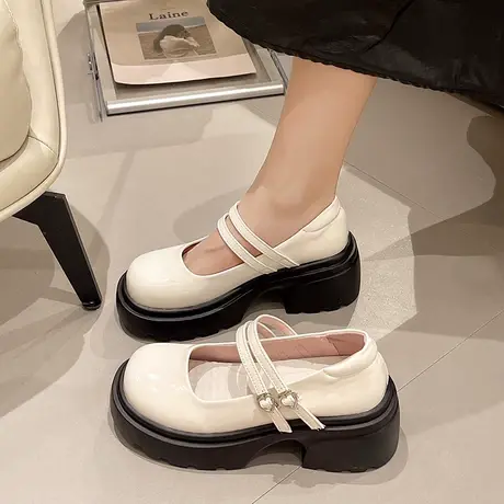网红炸街厚底松糕小皮鞋女2023秋季新款复古英伦风浅口圆头乐福鞋图片