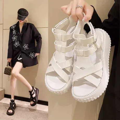 松糕厚底凉靴女2023年新款夏季镂空时尚高帮露趾休闲百搭罗马凉鞋商品大图