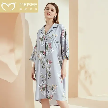 美思国风连体睡衣女夏天纯棉短袖夏季大码睡裙女夏款可外穿家居服商品大图
