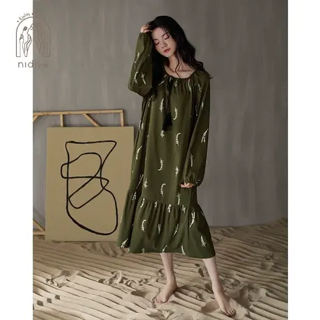 妮狄娅2023睡衣睡裙女秋季纯棉长袖复古花卉春秋文艺中长裙家居服商品大图