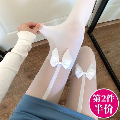 拼接连裤丝袜女春秋季薄款纯欲吊带蝴蝶结奶白色假长筒高筒过膝盖图片