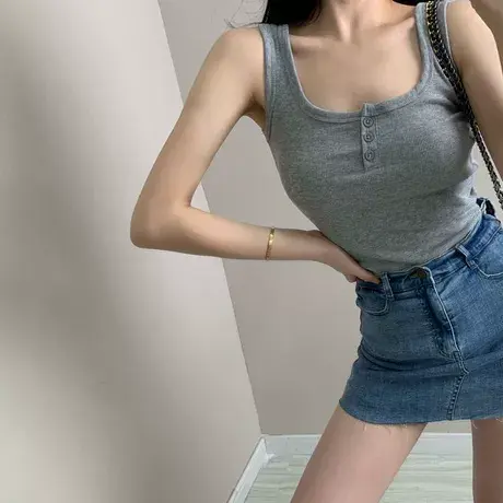 基础外穿修身工字吊带背心女内搭三粒扣纯色螺纹辣妹短款上衣女夏商品大图