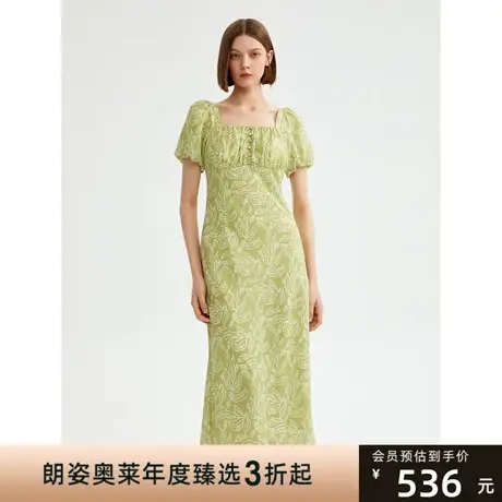 朗姿高级感复古方领泡泡袖碎花连衣裙2023夏新款长裙商品大图