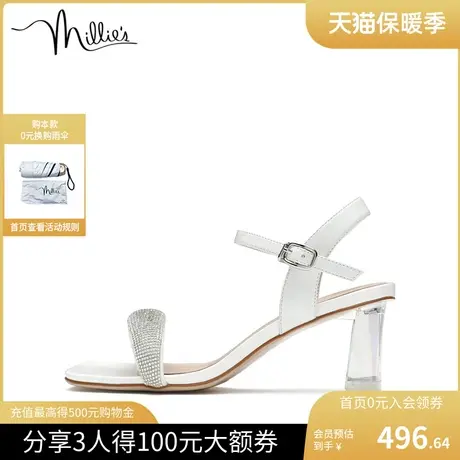 millie's妙丽春季商场同款烫钻高跟气质一字带粗跟女凉鞋302ZABL2图片