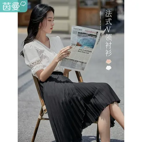 茵曼法式风琴V领衬衫女2023夏季新款镂空蕾丝拼接新疆棉气质衬衣图片