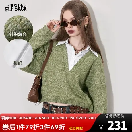 妖精的口袋拼接假两件针织卫衣女2023冬新款小个子短款设计感上衣商品大图