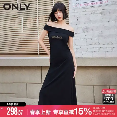 ONLY2024春季新款简约百搭烫钻一字领中长款连衣裙女|124161015图片