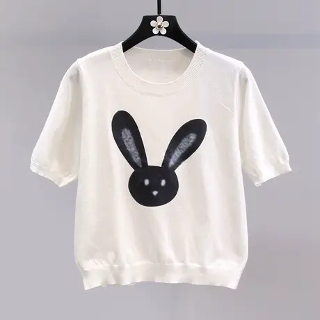 日系卡通兔子短袖针织衫女夏季2023新款修身洋气百搭薄款打底上衣商品大图