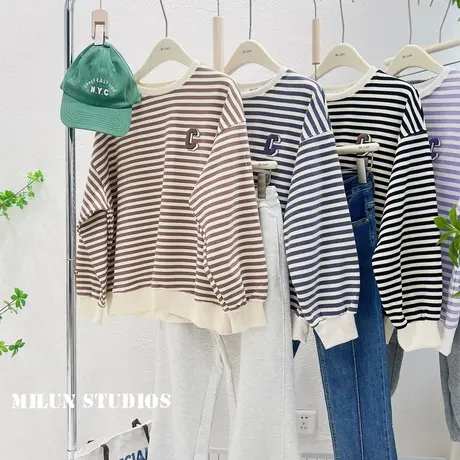 22秋季新款圆领上衣韩国东大门高级感条纹长袖卫衣百搭简约休闲潮商品大图