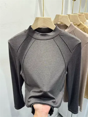 半高领羊绒针织衫明线拼接修身上衣女2023早秋新款长袖纯色打底衫商品大图