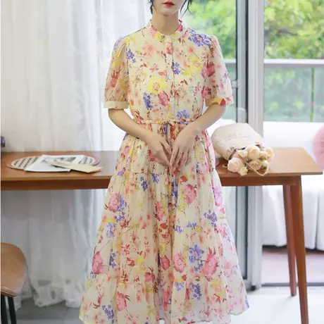 胖妹妹2025春姑娘连衣裙夏季新品雪纺立领长裙商品大图