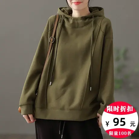 dza 纯色全棉加绒连帽卫衣女士冬季新款宽松加厚外套休闲长袖上衣商品大图