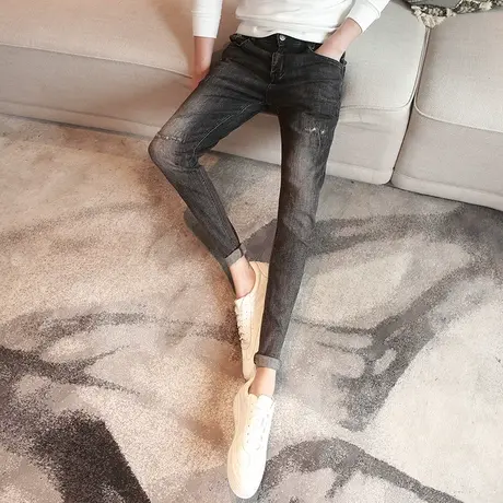 2023黑色破洞小脚裤男士潮流刮烂铅笔裤水洗百搭青年牛仔长裤秋冬商品大图