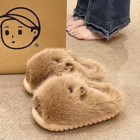 毛茸茸棉拖鞋女秋冬季外穿可爱水豚居家室内毛绒保暖防滑包头拖鞋图片