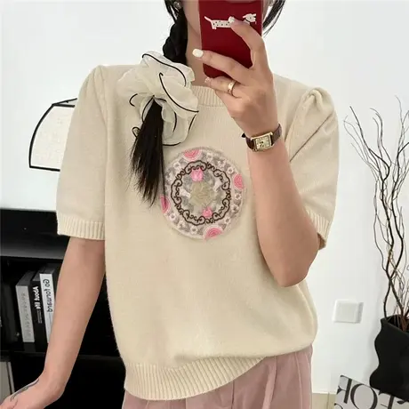 2024春装新款中式国风刺绣针织短袖t恤女宽松洋气薄款爆款上衣女商品大图