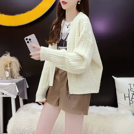 短款小个子毛衣开衫女2023秋冬季新款宽松休闲百搭慵懒风针织外套商品大图